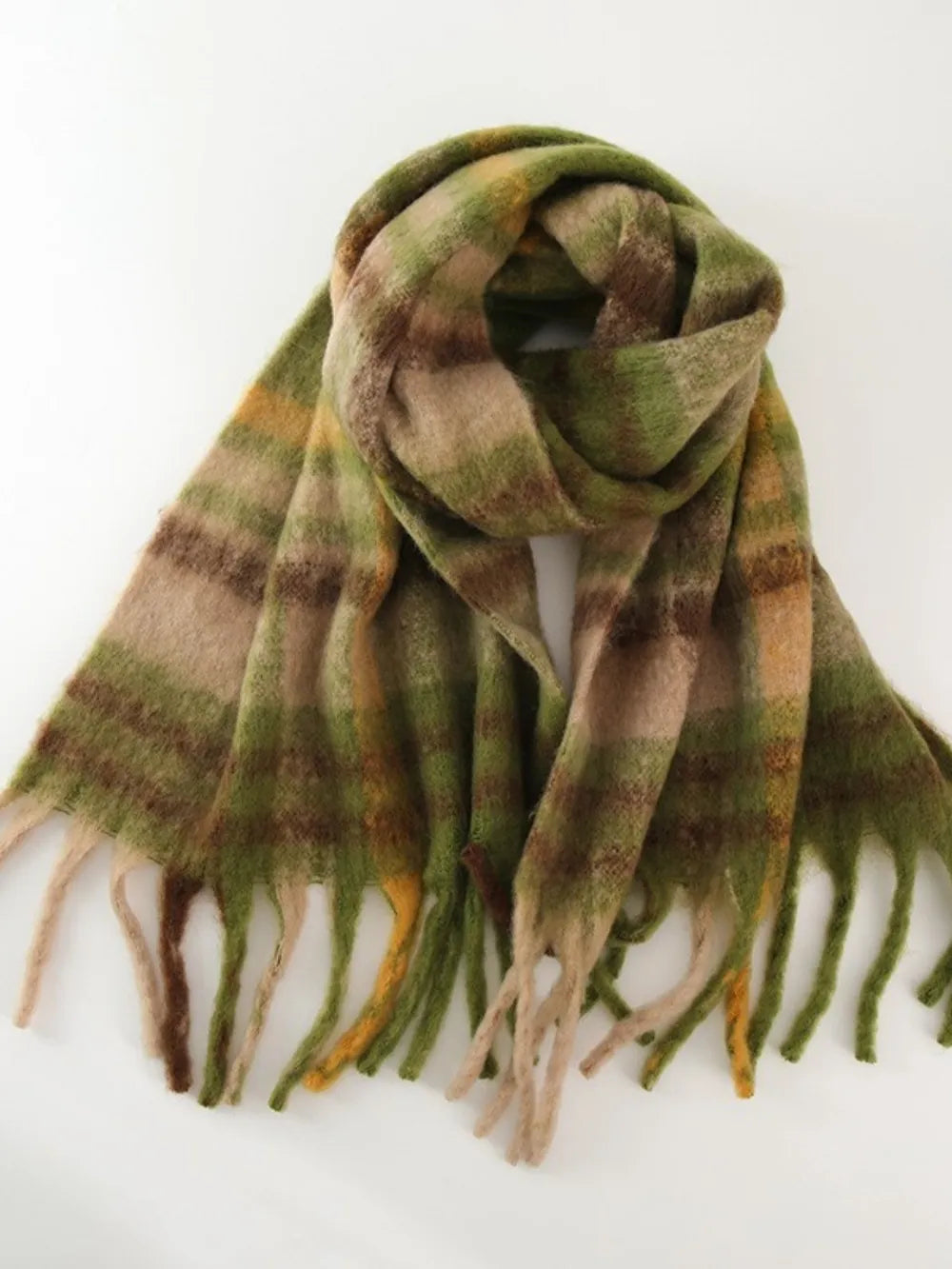 Fringe Plaid Polyester Scarf Olive One Size