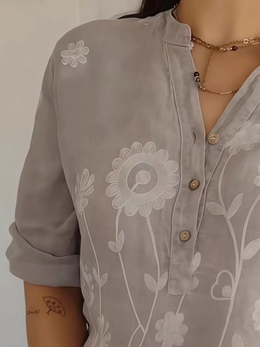 Full Size Floral Embroidered Button Detail Blouse Plus Size