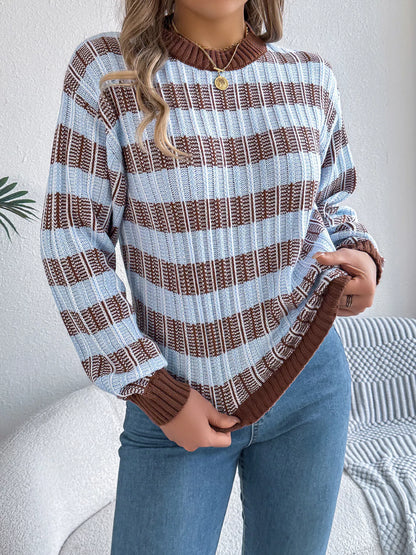 Striped Round Neck Long Sleeve Sweater Brown