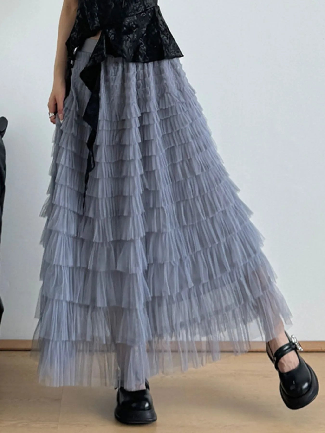 Tiered Tulle Maxi Skirt Light Blue One Size