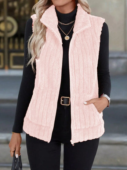 Full Size Fleece Zip-Up Vest Coat Plus Size Pink