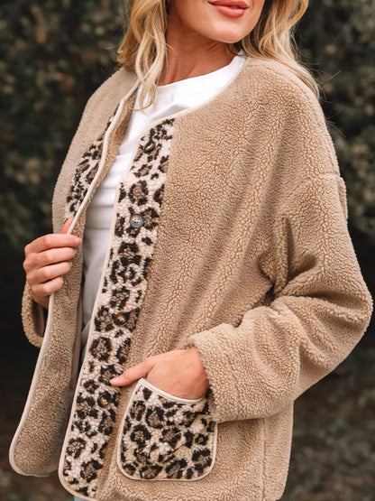 Casual Leopard Print Accent Plush Jacket with Pockets