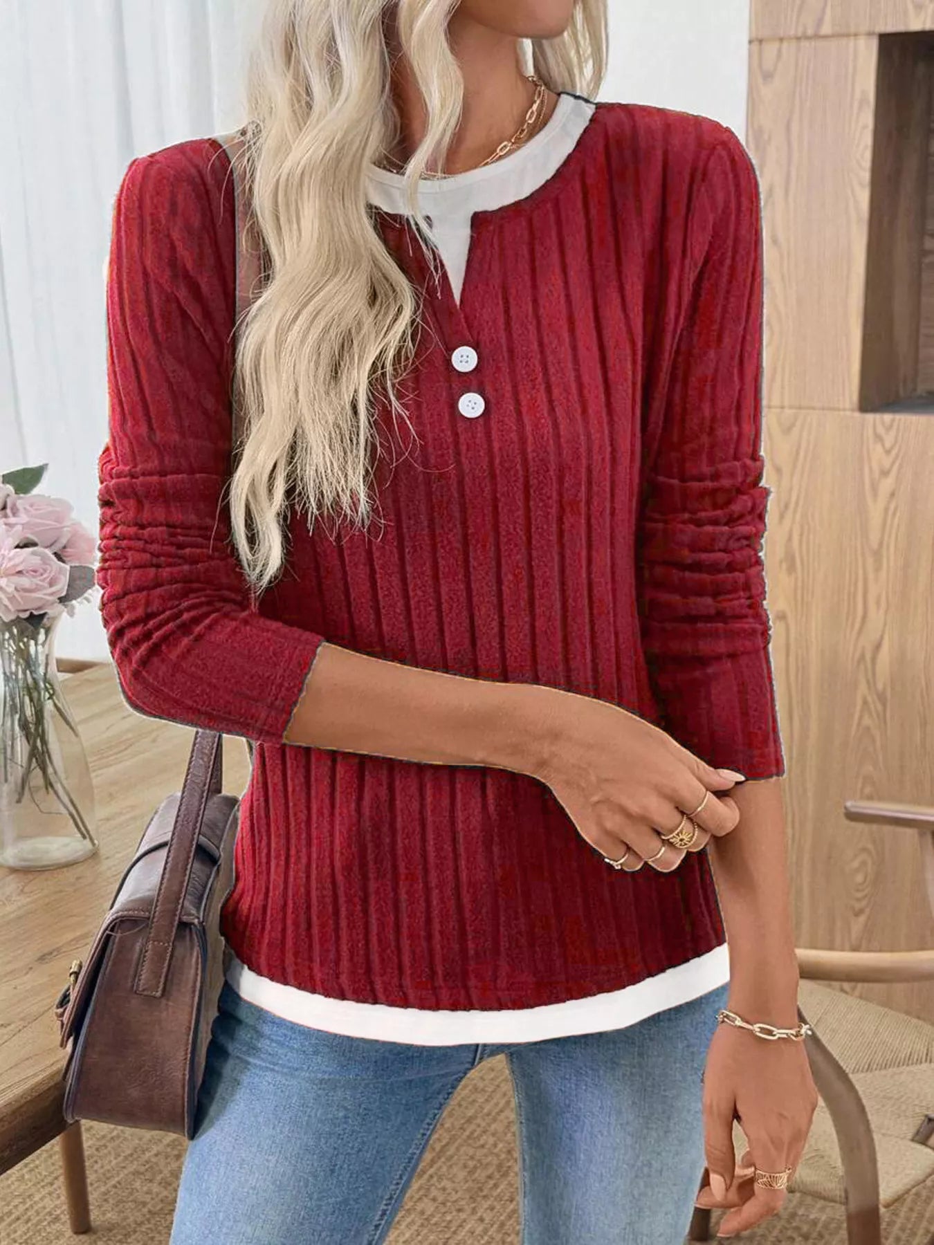 Ribbed Knit Button Detail Contrast Sweater