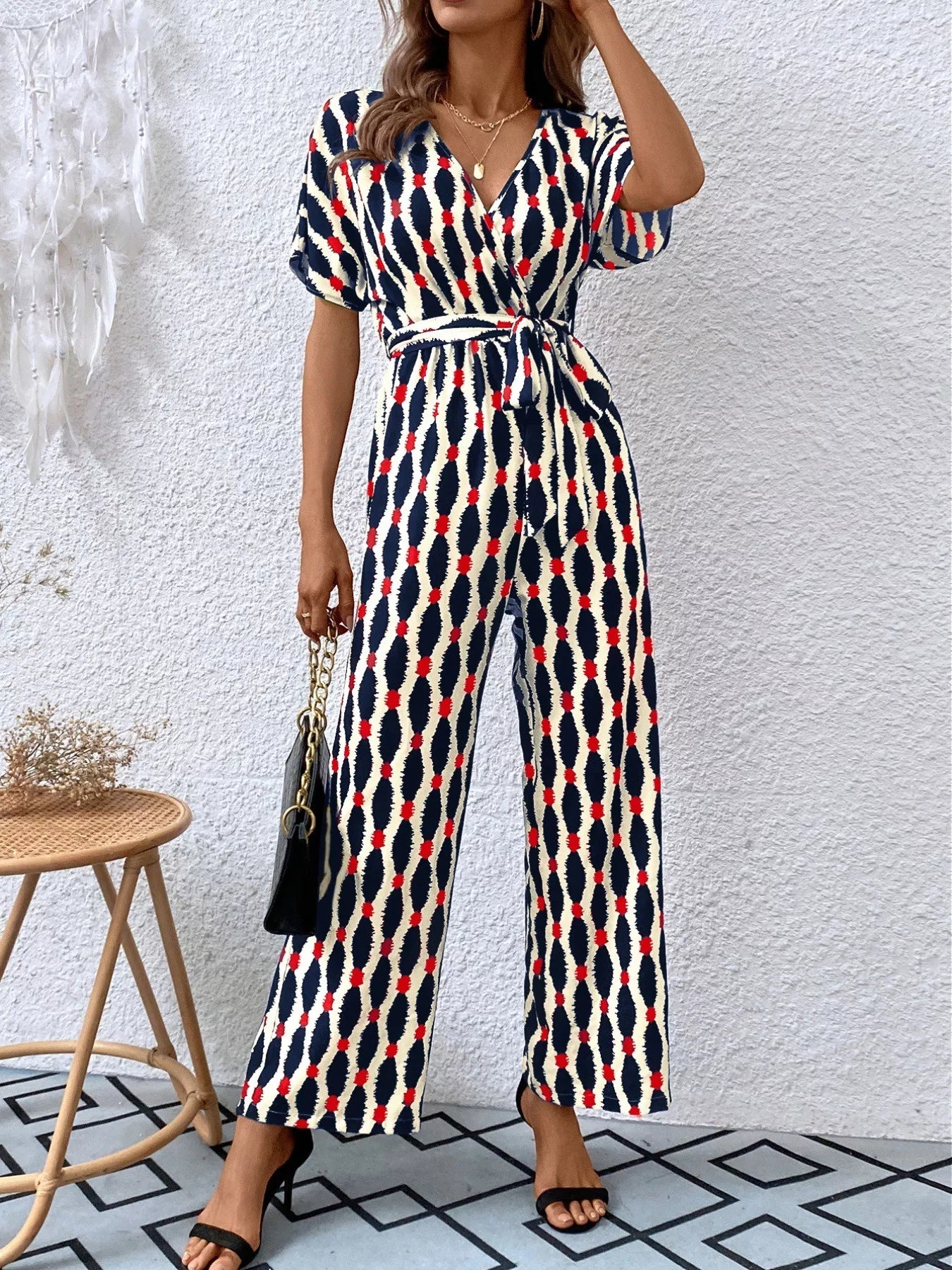 Printed Surplice Tie Waist Short Sleeve Jumpsuit