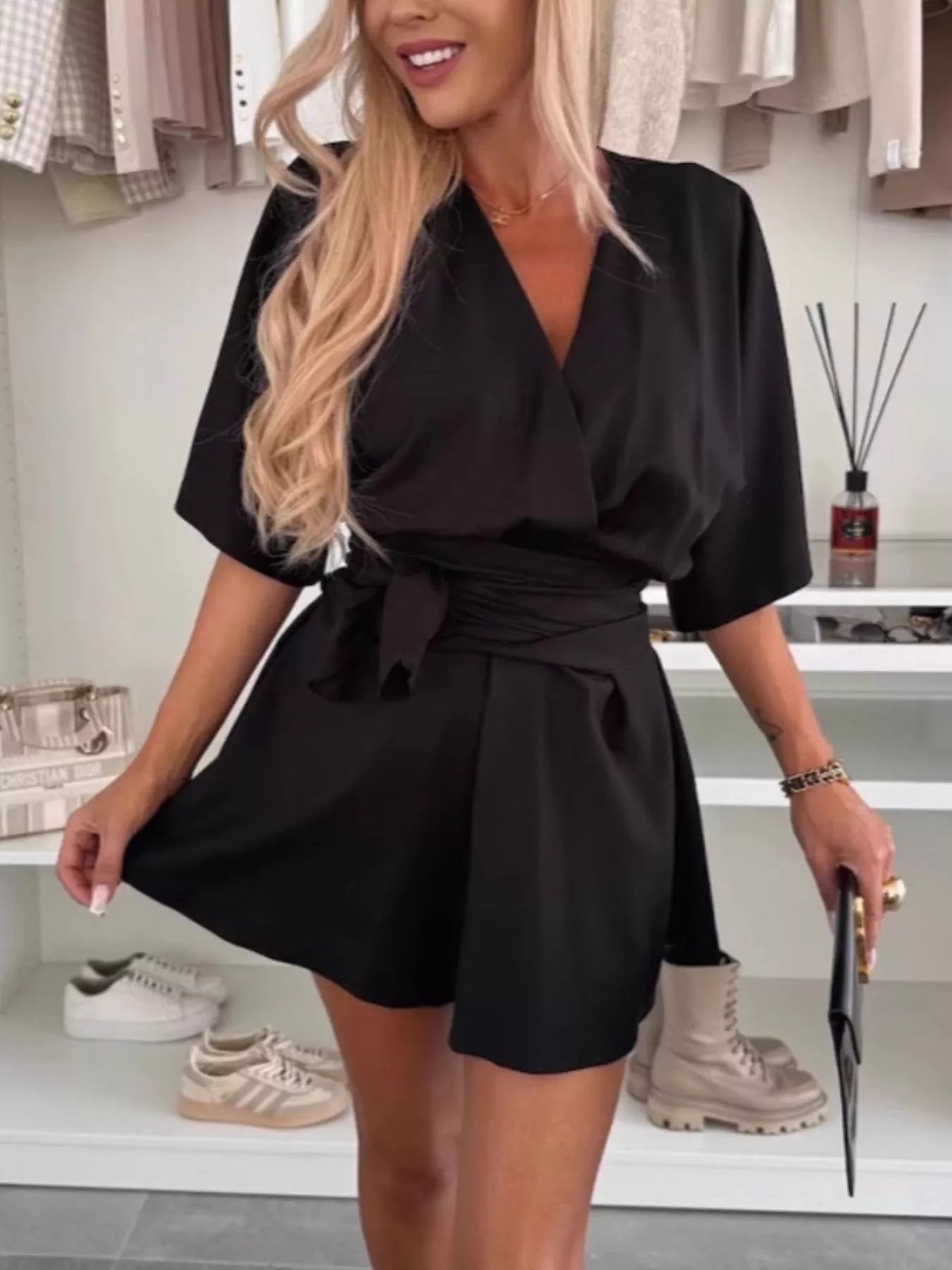 Full Size Surplice Tie Waist Romper Plus Size