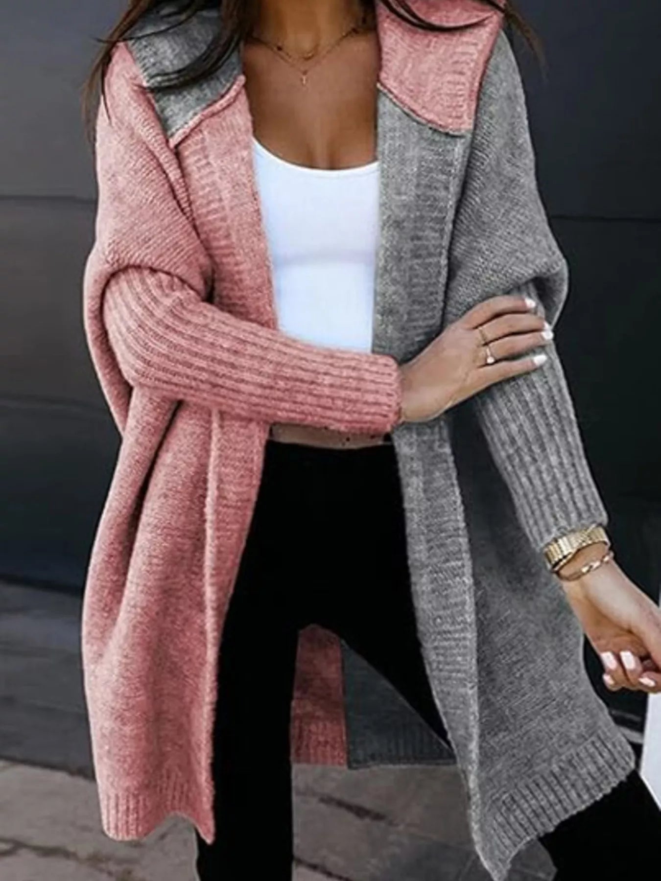 Two-Tone Open Front Knit Hooded Cardigan Dusty Pink