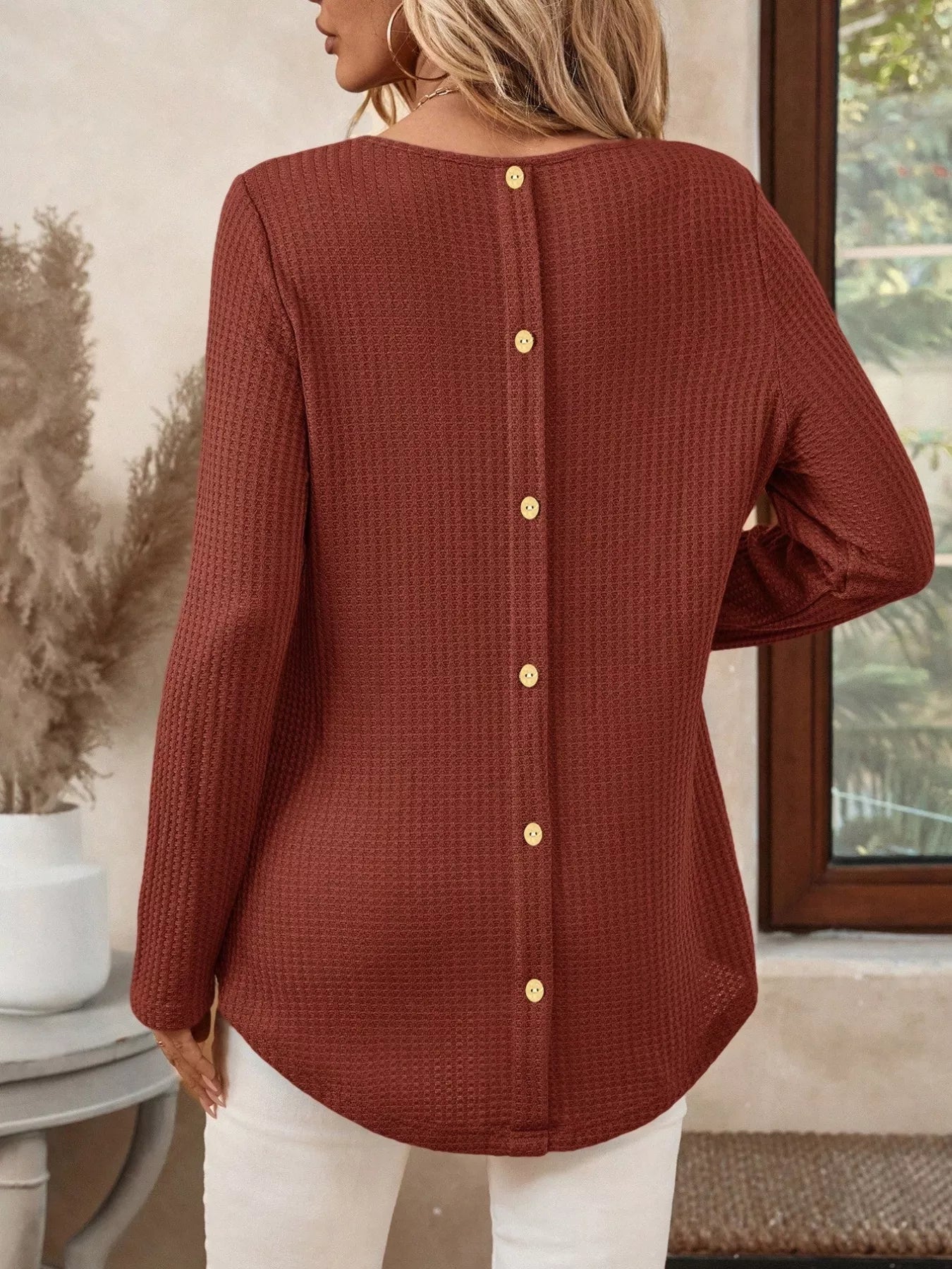 Plus Size Casual Waffle Knit Long Sleeve T-Shirt