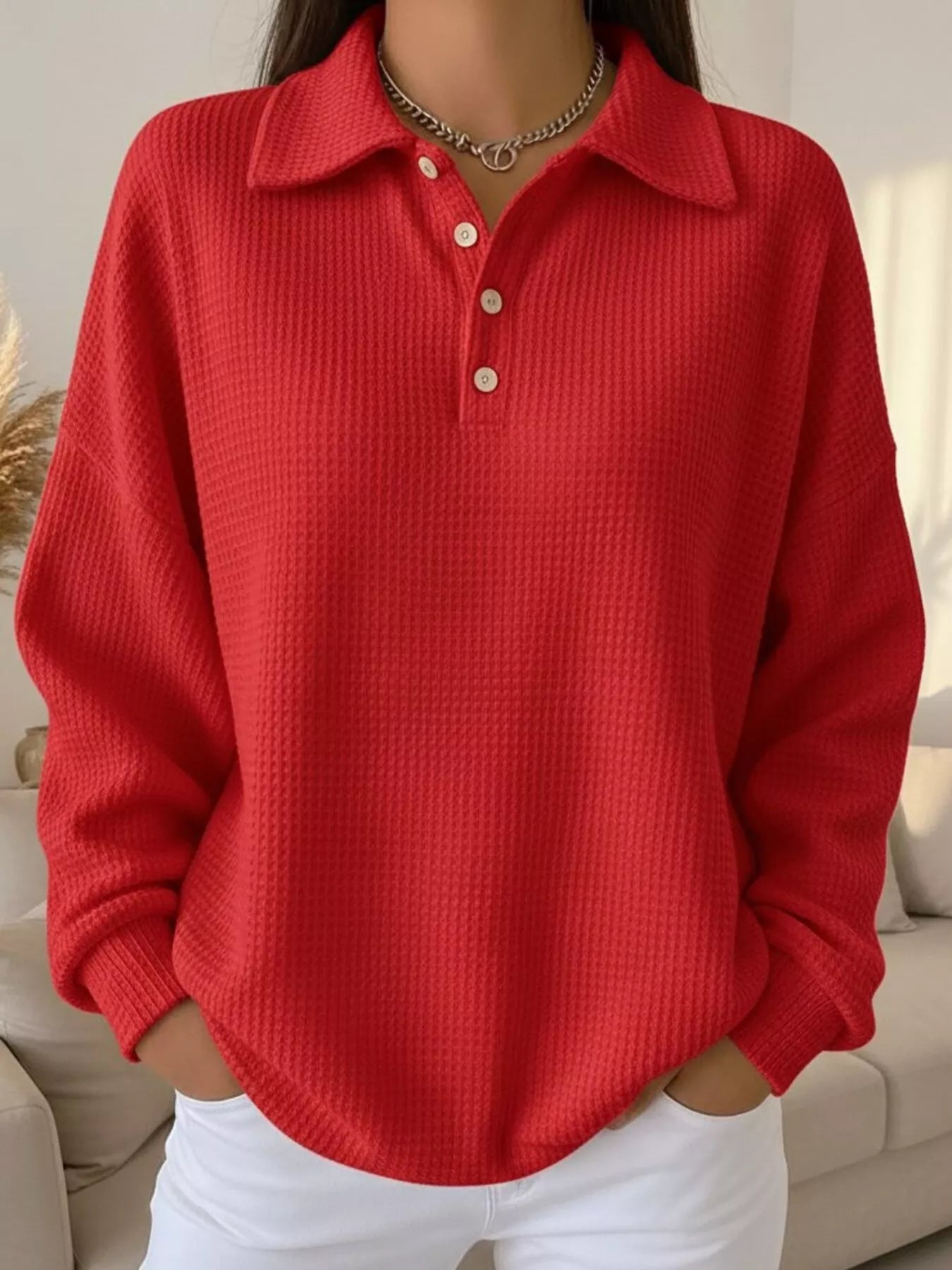 Full Size Waffle Knit Button Detail Sweatshirt Plus Size Red