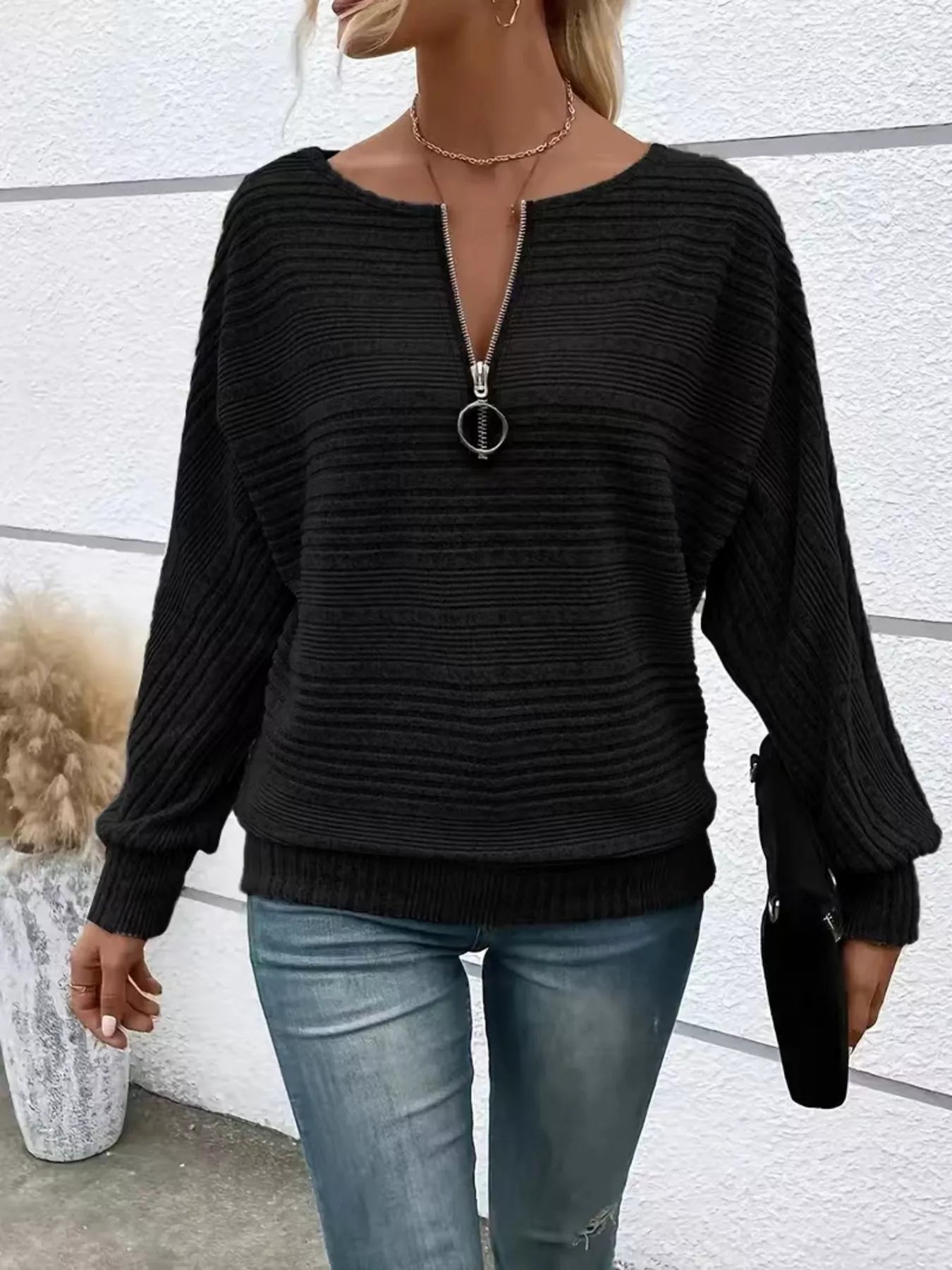 Ribbed Knit Quarter Zip Sweatshirt Black