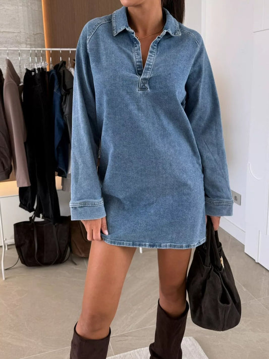 Collared Neck Long Sleeve Denim Dress