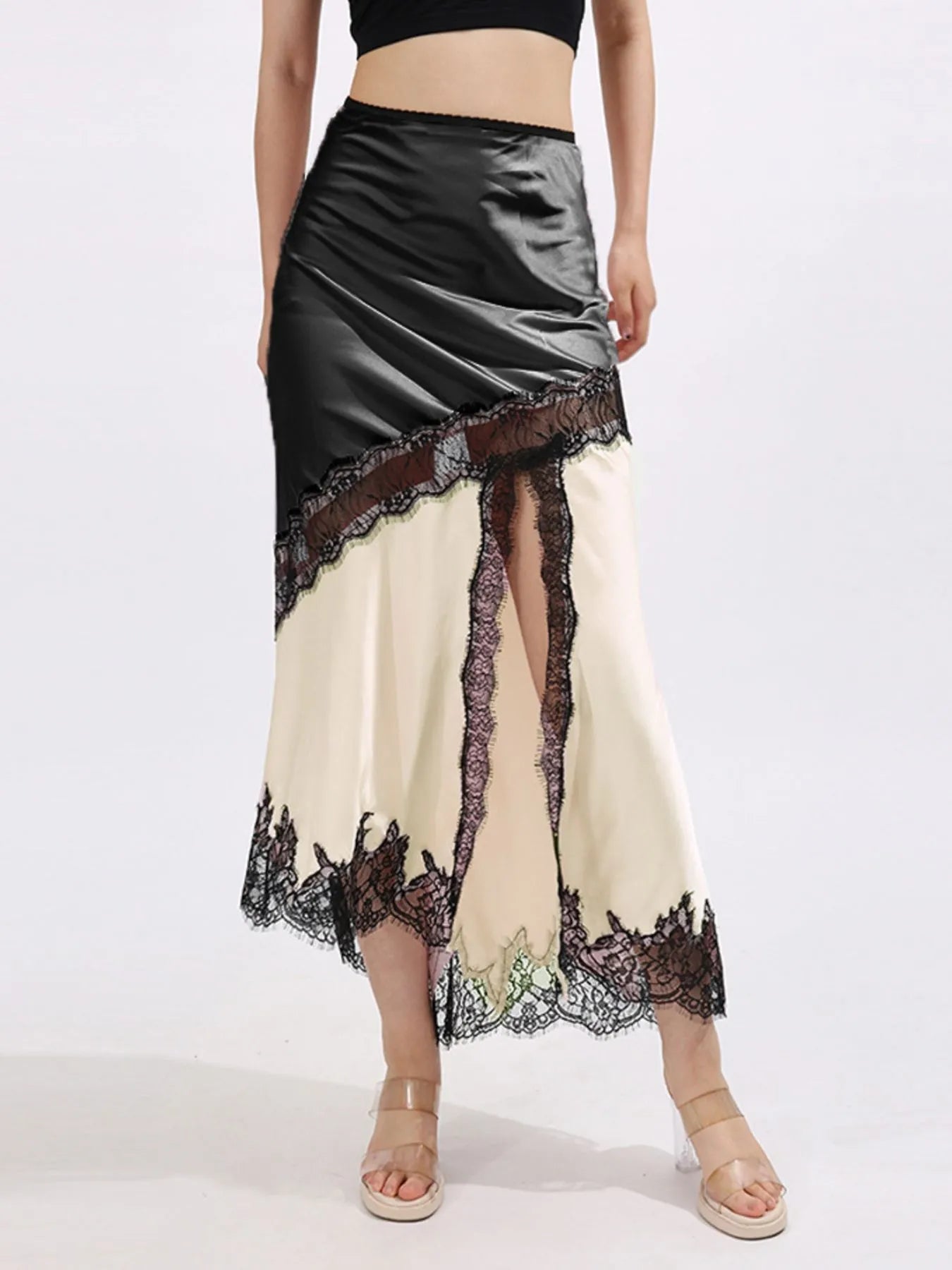 Lace Trim Asymmetrical Midi Skirt Apricot