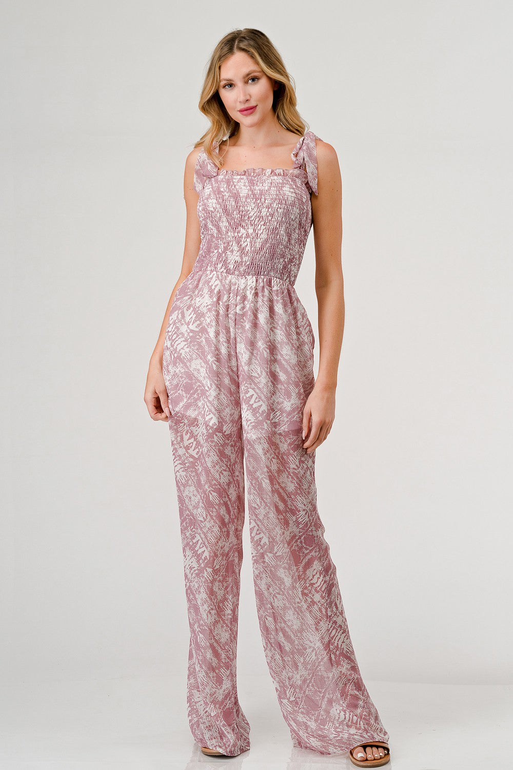 Geegee GeeGee Printed Tie Shoulder Wide Leg Jumpsuit – Lady Ros