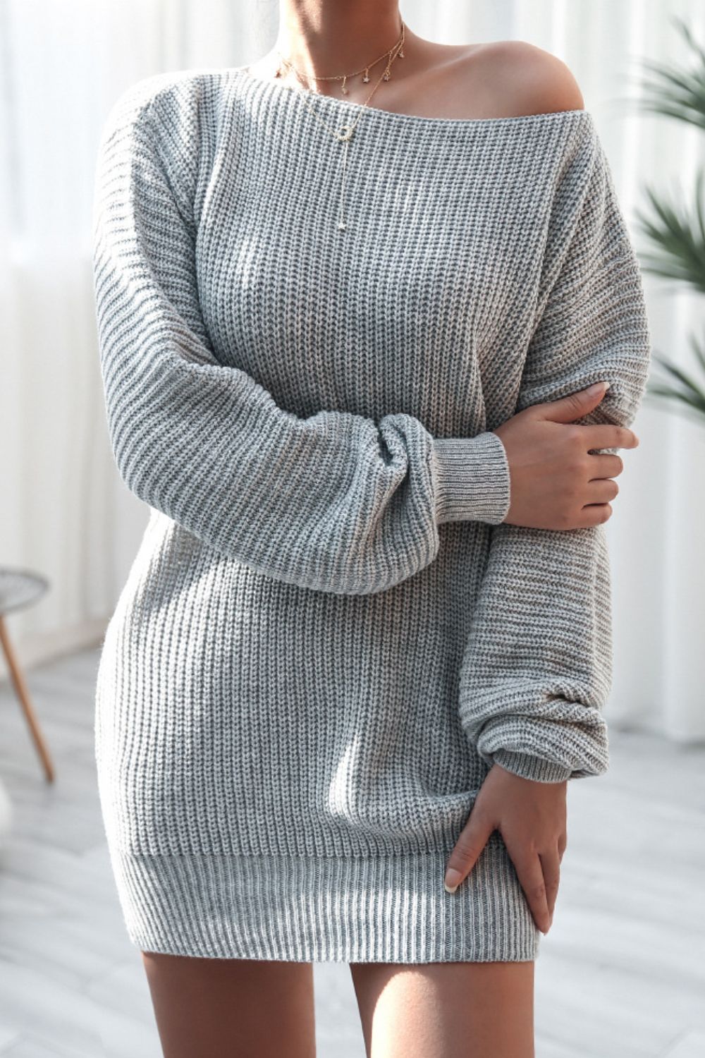 Boat Neck Long Sleeve Mini Sweater Dress Gray