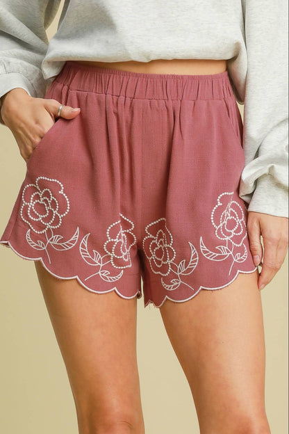Umgee Full Size Linen Blend Shorts with Floral Embroidered Details Plus Size Dusty Pink