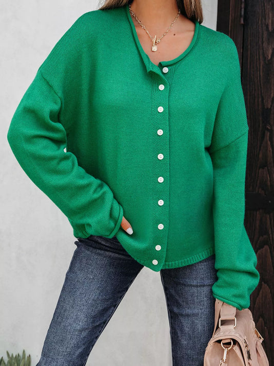 Solid Color Knit Button Drop Shoulder Sweater Cardigan Dark Green