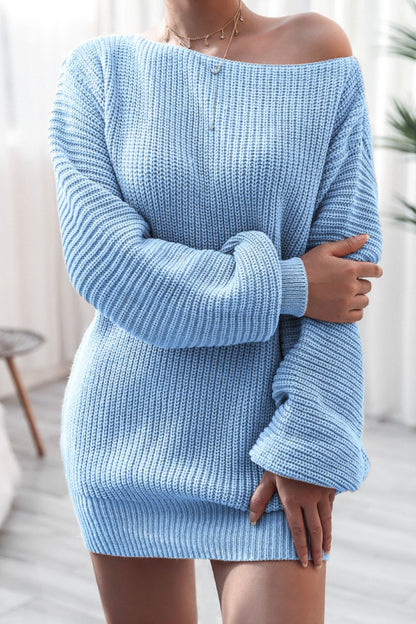 Boat Neck Long Sleeve Mini Sweater Dress Light Blue
