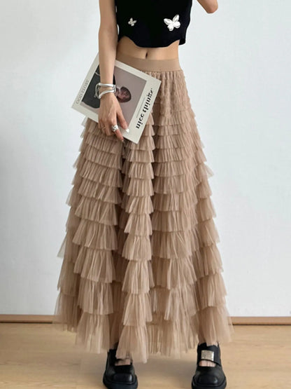 Tiered Tulle Maxi Skirt Tan One Size