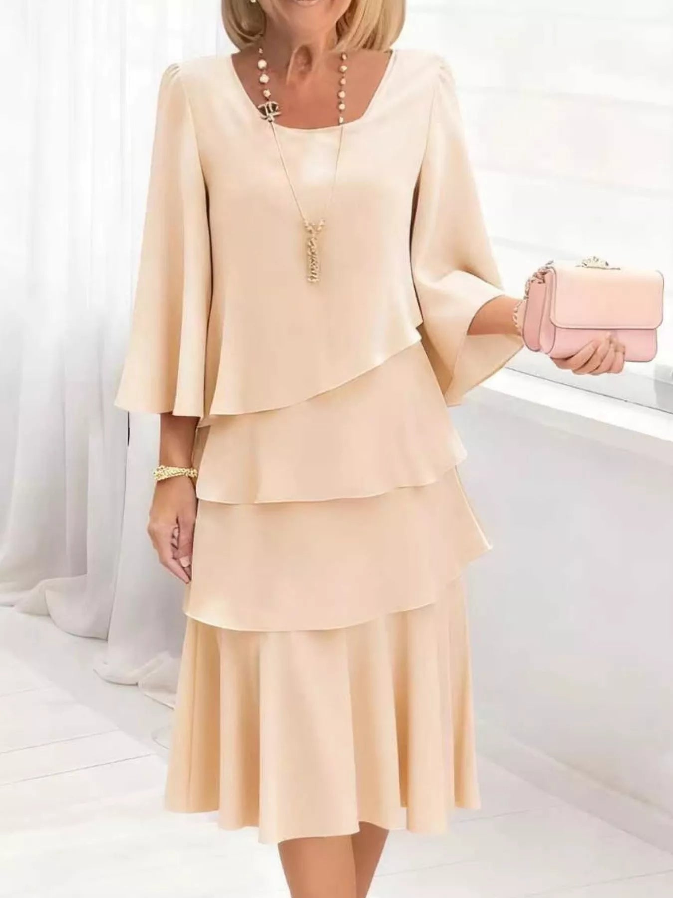 Full Size Ruffled Layered 3/4 Sleeve Dress Plus Size Tan