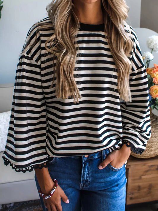 Striped Round Neck Bell Sleeve Top Black