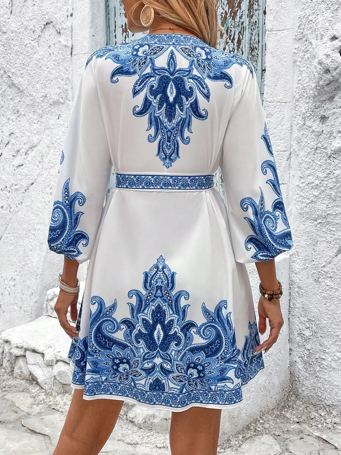 Printed Balloon Sleeve Mini Dress