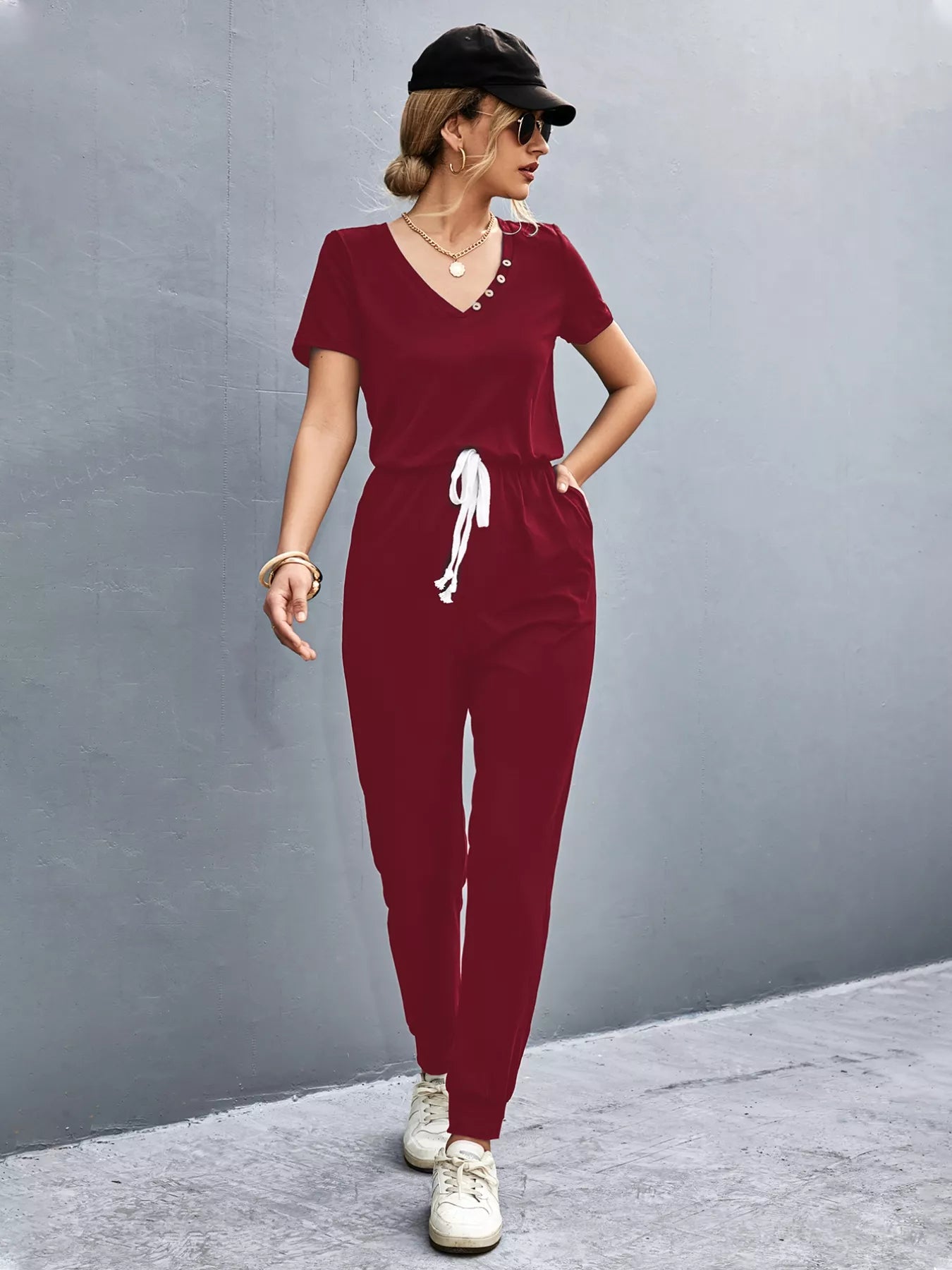 Casual V-Neck Short Sleeve Drawstring Waist Jumpsuit