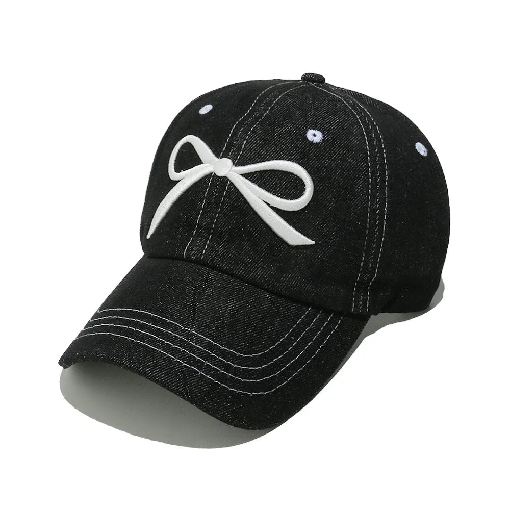 Bow Embroidered Denim Baseball Cap Black One Size