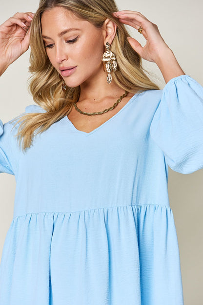 V-Neck Balloon Sleeve Tiered Boho Midi Dress