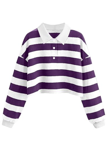 Natalie Winters Dress - Remidoo Women's Collared Half Button Long Sleeve Striped Crop Top Sweatshirt White Purple