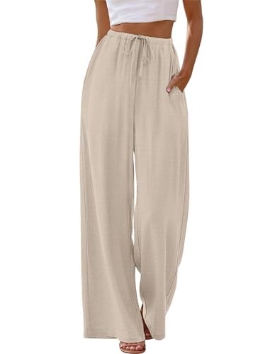 Sampeel Linen Pants Women Wide Leg Palazzo Pants Flowy Casual Summer Outfits Cruise 2026 Fashion Beach Vacation Clothes Spring Drawstring Elastic Waist Trouser Khaki S