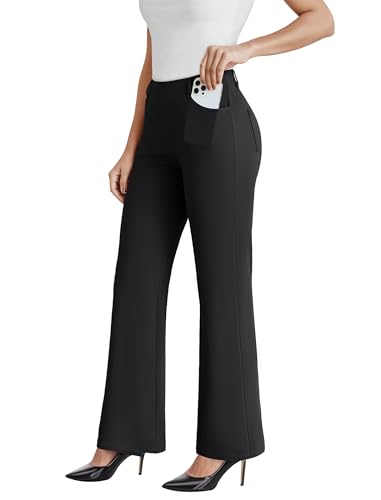 DLOODA Dress Work Pants Women Business Casual Slack Trousers Stretchy Pull On Office Flare Pants with Pockets（Black M）