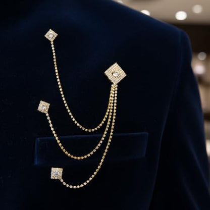 I Jewels 18K Eye Catching Stone Studded Indian Wedding Bollywood Three Chain Pin Brooch for Men Sherwani Suit Blazer Kurta Brooch (SM58) (SM38)