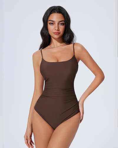 SUUKSESS Women Sexy One Piece Tummy Control Swimsuit Scoop Neck Slimming Swimwear 2025 Crisscross Backless Bathing Suit(Brown,Medium)