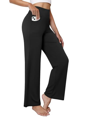 COPYLEAF Wide Leg Yoga Pants Women Stretch Dress Work Pants with Pockets Lounge Casual Sweatpants(Black XL)