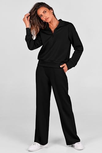 PRETTYGARDEN Women's 2025 Fall Lounge Sets Casual Half Zip Sweatshirt and Wide Leg Pants 2 Piece Outfits Sweatsuit (Black,Medium)