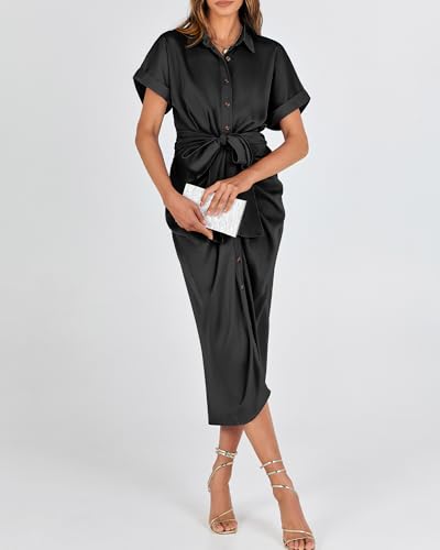 BTFBM Dresses for Women Summer Button Short Sleeve Silk Satin Ruched Spring Maxi Dress 2026 Cocktail Party Wedding(Black, Large)