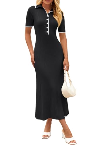 MEROKEETY Women's Spring Summer Ribbed Maxi Dress 2026 Bodycon V Neck Button Short Sleeve Slim Fit Knit Sweater Dresses, Black, Small