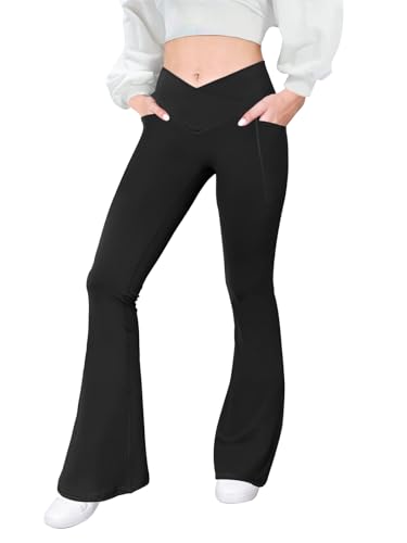 COPYLEAF Flare Leggings with Pockets for Women Seamless Crossover Yoga Pants with Tummy Control Bootcut Work Pants Trendy Black