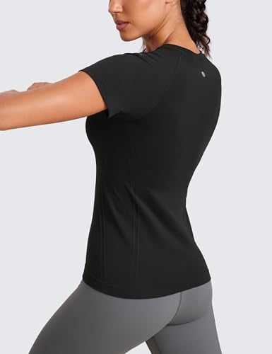 CRZ YOGA Seamless Workout Tops for Women Hip Length - Athletic Running Gym Yoga Short Sleeve Shirts Breathable Crewneck Tees Black Small