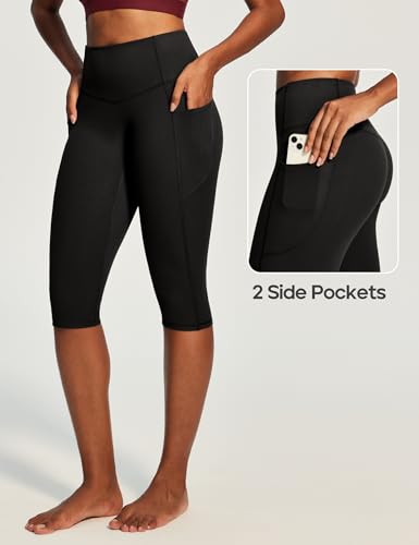 Heathyoga Capri Leggings with Pockets for Women Tummy Control Knee Length Leggings Yoga Pants Women Capri Pants Workout Black