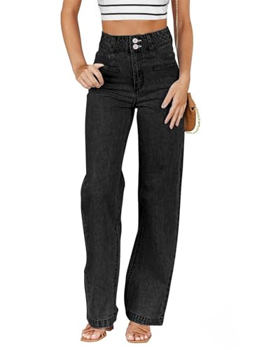 Sidefeel Jeans for Women Trendy High Waisted Stretchy Straight Leg Jeans Tummy Control Loose Ankle Denim Pants Black Size 12
