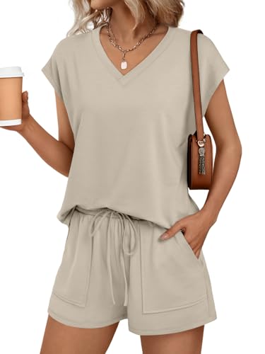AUTOMET Women 2 Piece V Neck Matching Lounge Sets Clothing Spring Cap Sleeve Shirt and Shorts Loungewear 2026 Summer Travel Airport Outfit Cruise Beach Vacation Clothes Gym Maternity Resort Wear
