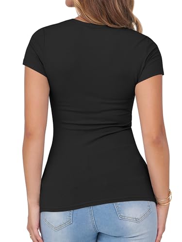 Albe Rita Women Short Sleeve T-Shirt Cap V Neck Shirts for Women Ribbed Casual Top Knit Slim Fit for Summer,Black, S