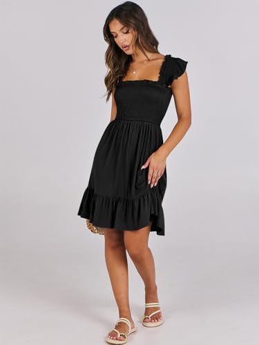 ANRABESS Women's Summer Casual Sleeveless Square Neck Dress 2025 Smocked Ruffle Backless Boho Beach Cute Teen Short Sundress Black Small