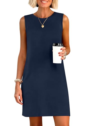 ANRABESS Womens Summer Casual Mini Dresses 2026 Sleeveless Crewneck Split Wrinkle-Free Beach Travel Vacation Short Sundress Navy Blue Medium