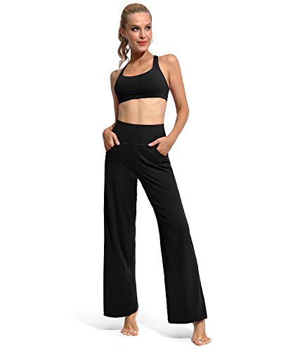 Promover Petite Wide Leg Black Pants for Women Stretchy Yoga Pants with Pockets High Waist Dress Work Pants(Black,M,29")