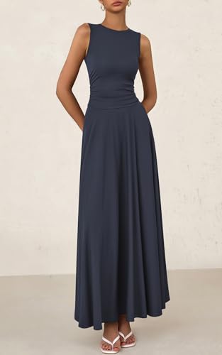PRETTYGARDEN Womens Spring Dresses 2026 Casual Sleeveless Crewneck Aline Maxi Dress Stretch Tank Flowy Long Dresses (Navy, Small)