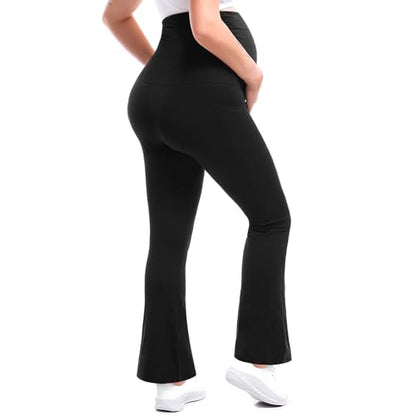 Leafigure Maternity Flare Leggings with Pockets Over The Belly Yoga Pants for Workout Soft Pregnancy Activewear Black XL