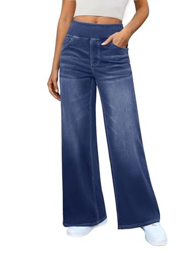 DLOODA Women's Wide Leg Jeans High Waisted Stretchy Denim Pants Elastic Waist Pull On Sweatpant Jeans Trendy Baggy Loose Medium Blue
