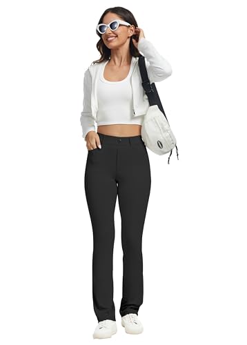 VIMPEP Yoga Pants Women Straight Leg Pants with Pockets High Waist Stretchy Pull On Dress Slacks for Casual Lounge Office Work Petite/Regular 1202 29 Black M
