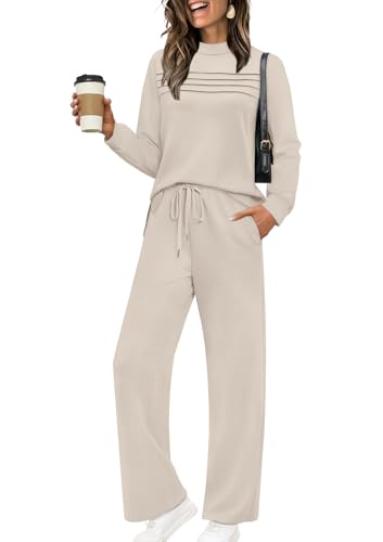 WIHOLL Lounge Sets for Women 2 Piece Spring Outfits 2026 Business Casual Outfits Travel Vacation Summer Fall Winter 2025 Wide Leg Crop Pants Mock Neck Valentines Day Khaki XL